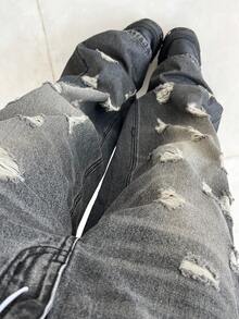 SHEIN HypeZone 时尚百搭复古美式破洞牛仔裤 - 黑色 - 查看 7