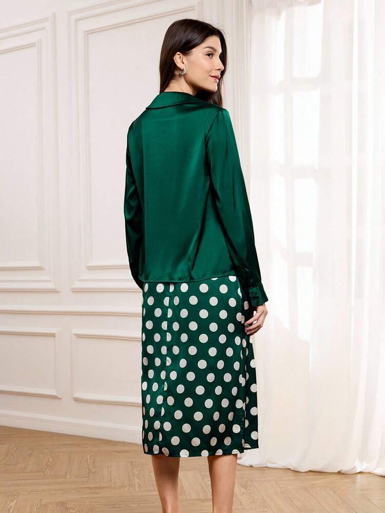 Miaspire Women's Elegant 2 Pieces Set, Fall/Winter - Includes Collared Shirt And Polka Dot Print Skirt, Suitable For Elegant Parties, Outings And Gatherings, Made Of Pique Fabric,Party Set,Green Set For Women,Christmas Women's Clothing
