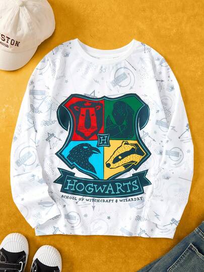 HARRY POTTER X SHEIN Tween Boy Casual Academy Badge Print Round Neck Long Sleeve T-Shirt, Autumn