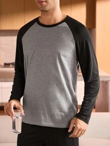 Manfinity Underwear&Sleepwear Basics Plus Size Men's Contrast Color Patchwork Long Sleeve Pajama Set, Fall Clothes - Grey - View 5