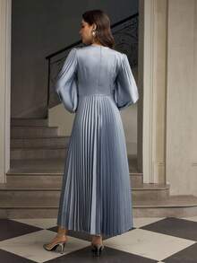 ZEYLAH Women's Pleated Asymmetric Waist Midi Dress, Long Sleeve, Round Neck