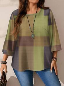 EMERY ROSE 大码女式休闲全身印花圆领宽松 3/4 袖衬衫，秋冬款 - 杏色 - 查看 7