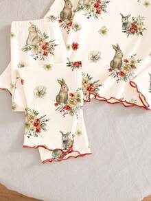 1套女婴可爱优雅复古卡通兔子水彩花卉印花荷叶边撞色边舒适休闲长袖睡衣套装 - 杏色 - 查看 4