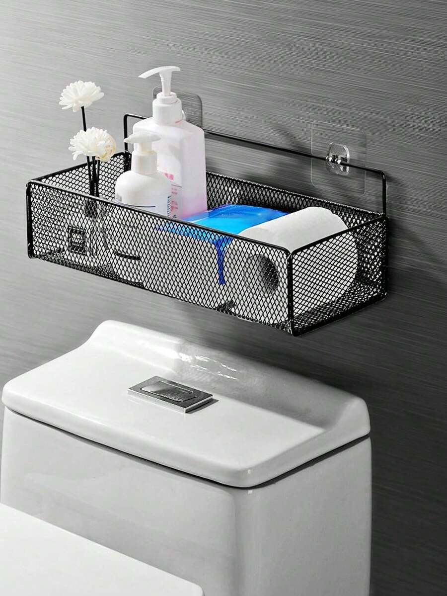 1pc Iron Bathroom Kitchen Storage Shelf, Non-Porous Wall Mounted Storage Shelf, Bathroom Storage Shelf Organizer Kitchen Organizer