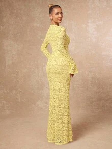 Lumalex Đầm dự tiệc mùa thu kiểu mới dành cho nữ, sang trọng, thanh lịch, kín đáo, phù hợp với giới thượng lưu, lấp lánh, thích hợp cho các buổi tiệc tùng, lễ hội, dã ngoại, nghỉ dưỡng, ngoài trời, nhiều lớp, mùa cưới, tiệc chiêu đãi, lễ trưởng thành, cổ chữ V, viền ren, tay xòe, ôm sát cơ thể cho nữ, kiểu dáng mới mùa thu, thích hợp cho khách dự đám cưới. - Màu vàng - Xem 3