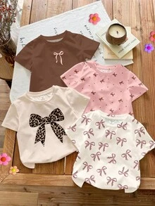 SHEIN 4件套女婴休闲简约蝴蝶结圆领短袖T恤，四季皆宜 - 米白色、米色、米粉色、复古豹纹蝴蝶结、迷你波点蝴蝶结