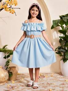 Vestido Con Cinturón Para Niñas Adolescentes Con Hombros Fríos, Con Detalle De Volantes - Azul - Ver 5