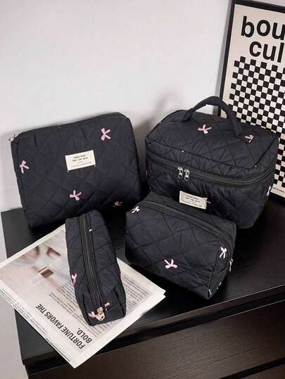 SHEIN Cosmetic Bag Travel Toiletry Zipper Pouch Bow Embroidered Quilted Waterproof Lightweight Makeup Organizer Storage Portable Large Capacity For Women Vacation Bathroom Essentials