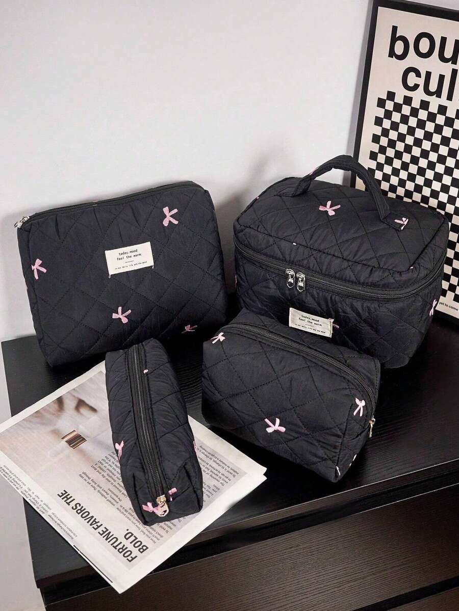 SHEIN Túi đựng mỹ phẩm du lịch, túi đựng đồ vệ sinh cá nhân có khóa kéo, thêu nơ, chần bông, chống thấm nước, nhẹ, dùng để sắp xếp đồ trang điểm, dung tích lớn, tiện dụng cho phụ nữ đi nghỉ mát, đồ dùng cần thiết trong phòng tắm.