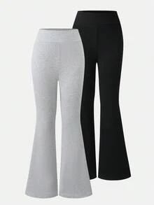 SHEIN Teen Girl Black & Heather Grey Flare Leggings, Versatile & Classic Combination Fall Winter