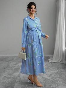 Momance 舒适的条纹花卉印花长袖孕妇装 - 藍白色 - 查看 5