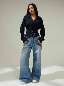 SHEIN PETITE Double Breasted Belted Trench Coat In Fall/Winter - Navy Blue - View 4