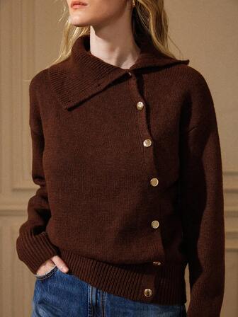 Écloséra 法式复古宽松高领长袖针织侧扣设计棕色套头衫女秋冬