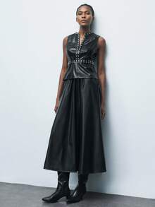 Maija PU 皮革休闲束腰女式背心 - 黑色 - 查看 4