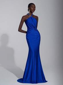 Elitara 优雅、时尚、简约、反乌托邦风格、深海蓝色、针织面料、金属扣、褶饰腰部设计、女士晚礼服、网眼连衣裙、正式连衣裙 - 藍色 - 查看 6