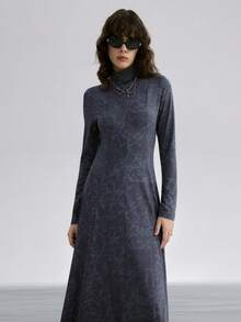 Airlisse Autumn/Winter High Neck Tie-Dye Effect Hollow Back Long Sleeve A-Line Dress For Women - Grey - View 4