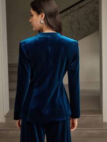 ZEYLAH Pleated Waist Velvet Collarless Blazer, Autumn/Winter - Blue - View 3