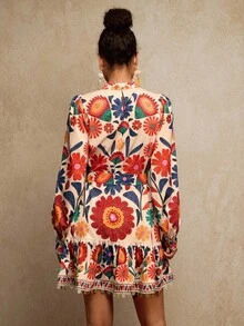 Travachic Elegant Floral Print Long Sleeve Dress, Suitable For Commuting,  New Year Clothes,  Going Out Outfit, Luxury Elegant Graduation, Boho Dress, Floral Print Dress,Fall Outfits For Women, National Day - Multicolor - View 3