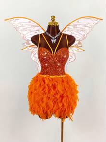 Amplova 大码女式万圣节精灵角色扮演亮片羽毛装饰连衣裙 - 橘色 - 查看 8