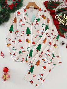 Teen Girl Christmas Tree & Gingerbread Man Print Long Sleeve Cardigan & Pants Pajama Set Fall Winter - Multicolor - View 7