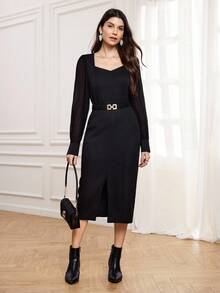 Miaspire 女士黑色雪纺袖中长连衣裙，鸡心领，优雅金属扣腰带，适合秋季外出聚会 - 黑色 - 查看 5