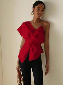 Vesra 女式纯色扭结腰部设计时尚衬衫 - 紅色 - 查看 3