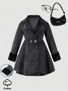 Elladie kids 少女款喇叭下摆长款及膝牛仔外套，水洗黑色牛仔布，复古时尚休闲度假风，百搭大翻领设计，秋冬款