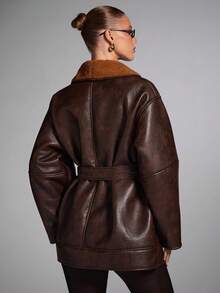 SHEIN BAE Women's Casual Shawl Collar Drop Shoulder Long Sleeve Faux Fur Jacket, Autumn/Winter,Women's Autumn/Winter New Faux Fur Lined, Leather Jacket, Brown Jacket Women - Coffee Brown - View 2