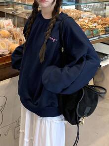 DAZY Women's Embroidered Crew Neck Thermal Lined Long Sleeve Sweatshirt, Autumn/Winter