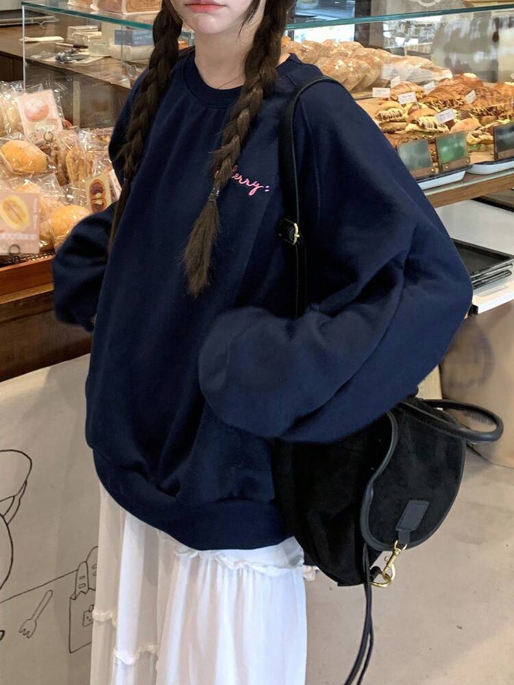 Women's Embroidered Crew Neck Thermal Lined Long Sleeve Sweatshirt, Autumn/Winter