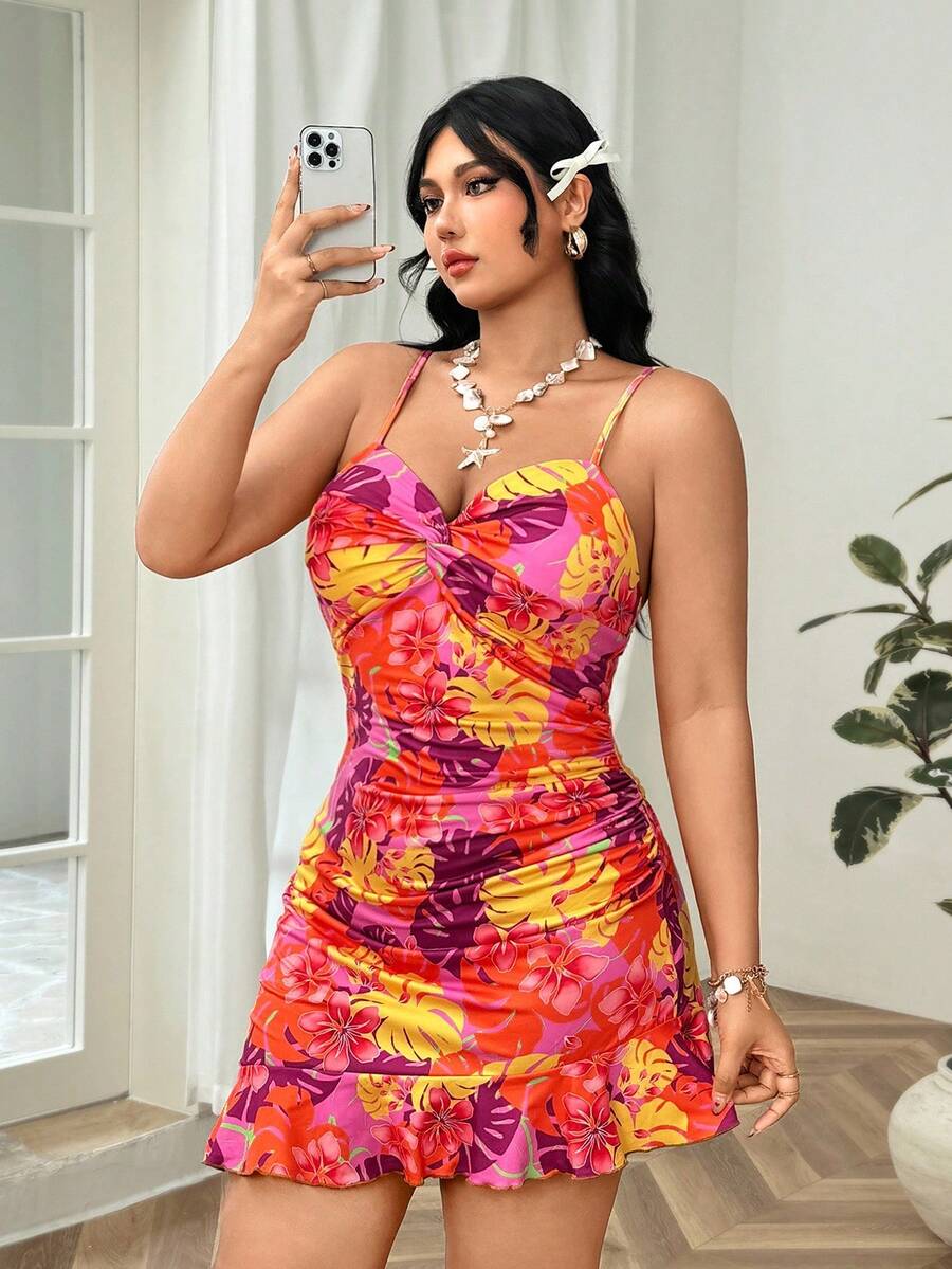 Soleia Plus Size Women Boho Floral Print Halter Ruffle Hem Fitted Vacation / Back To School Dress, For Summer,Beach Dress Sundress,Holiday Outfits - Multicolor - View 1