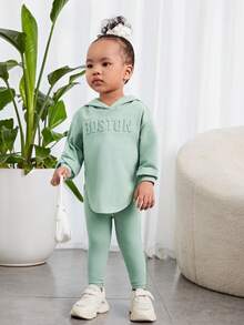 SHEIN Baby Girl Casual Hooded Long Sleeve Top & Pants In Grayish Green With Letter Embossing