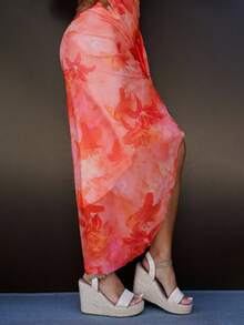 SAYEHFBABY Vestido Bustier com Bainha Franzida e Estampa Floral para Férias - Laranja - Visão 5