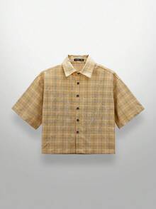 NEON BLANC Men's Street Fashion Woven Rhinestone Spider Web Plaid Short Sleeve Shirt, Halloween - Yellow - View 2