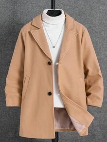 SHEIN Tween Boy Casual Woolen Pocket Mid-Length Coat Jacket, Suitable For Autumn, Spring, Winter, Suitable For Outdoor Play, School, Street Photography, Parties And Home Leisure, High Cost-Performance Quilted Coat, Padded Coat, Winter Coat, Padded Coat, Down Coat,Kids' Back To School, Boys Long Coats Fall