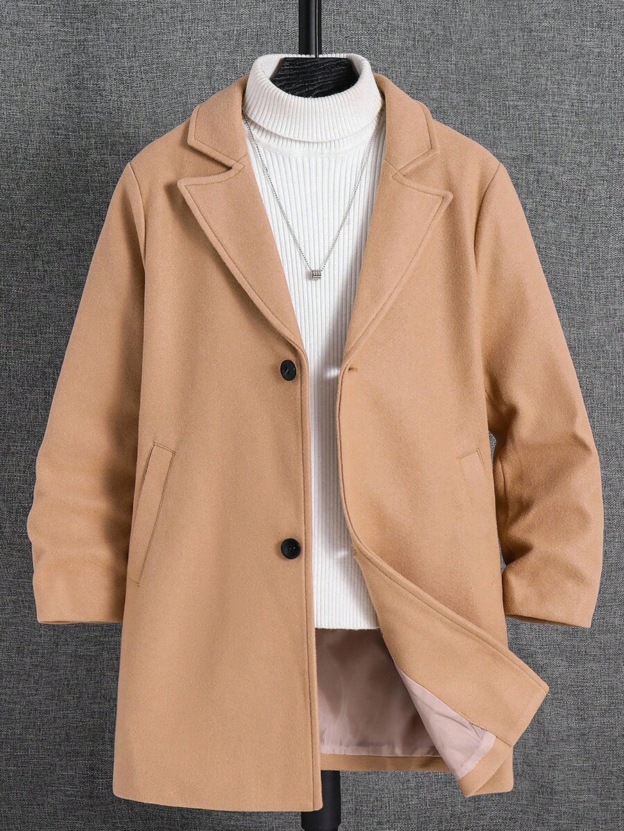 SHEIN Tween Boy Casual Woolen Pocket Mid-Length Coat Jacket, Suitable For Autumn, Spring, Winter, Suitable For Outdoor Play, School, Street Photography, Parties And Home Leisure, High Cost-Performance Quilted Coat, Padded Coat, Winter Coat, Padded Coat, Down Coat,Kids' Back To School, Boys Long Coats Fall