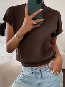 Livesso Áo len dệt kim cổ lọ tay cánh dơi màu trơn thường ngày dành cho nữ - Màu nâu  Mocha - Xem 3