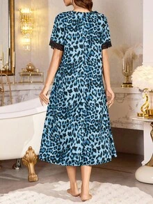 Váy ngủ nữ cổ chữ V tay ngắn họa tiết da báo màu xanh lam, chắp vá ren - Màu xanh lam - Xem 2