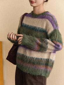 Dazy-Less 女士休闲宽松条纹落肩针织毛衣