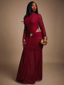 Radiana Plus Size Women's Fall/Winter,Spring&Summer Elegant Gorgeous Glamorous Sexy Basic 2pcs/Set Bodysuit And Ruching Mesh Maxi Skirt,With Free Removable Gold Metal Brooch,Suitable For Banquet,Feast,Dinner Party,Prom,Ball,Urban,Valentine's Day,Sexy Office Siren,Cruise Attire,Vintage,Festival,Concert,Carnival,Outing,Richly Layered,Holiday,Date Night,Gathering,Birthday,Bachelorette Party Outfit ,Cocktail,Formal Event,Modest,Chic,NightClub,Cute,New Years Eve Christmas Red - Burgundy - View 3