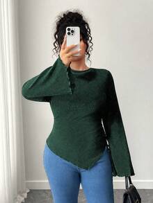 Elenzga Plus Size Casual/Work Solid Color Flared Sleeve Asymmetric Hem T-Shirt - Green - View 5