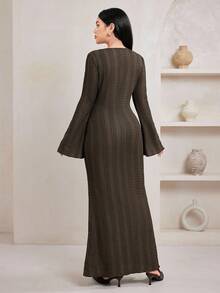 Veilorie 女士端庄优雅提花喇叭袖连衣裙 - 咖啡棕 - 查看 7