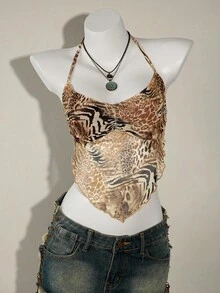SHEIN ICON Áo hở lưng họa tiết động vật cổ điển gợi cảm hình tam giác - màu nâu - Xem 7