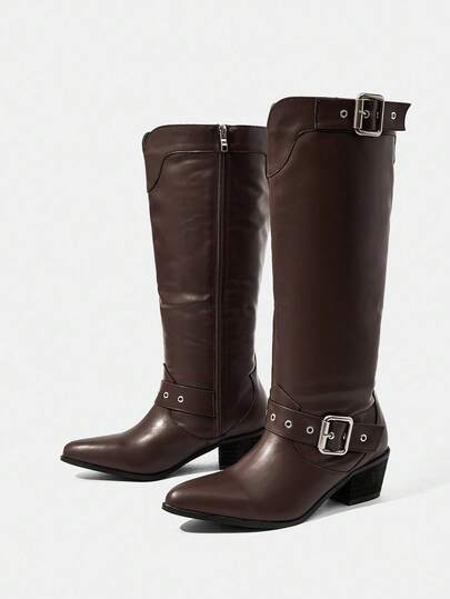 Styleloop 女式铆钉拉链刺绣装饰粗跟尖头一脚蹬靴，适合节日、户外，女士过膝靴，适合万圣节、圣诞节、秋季、西部、核心