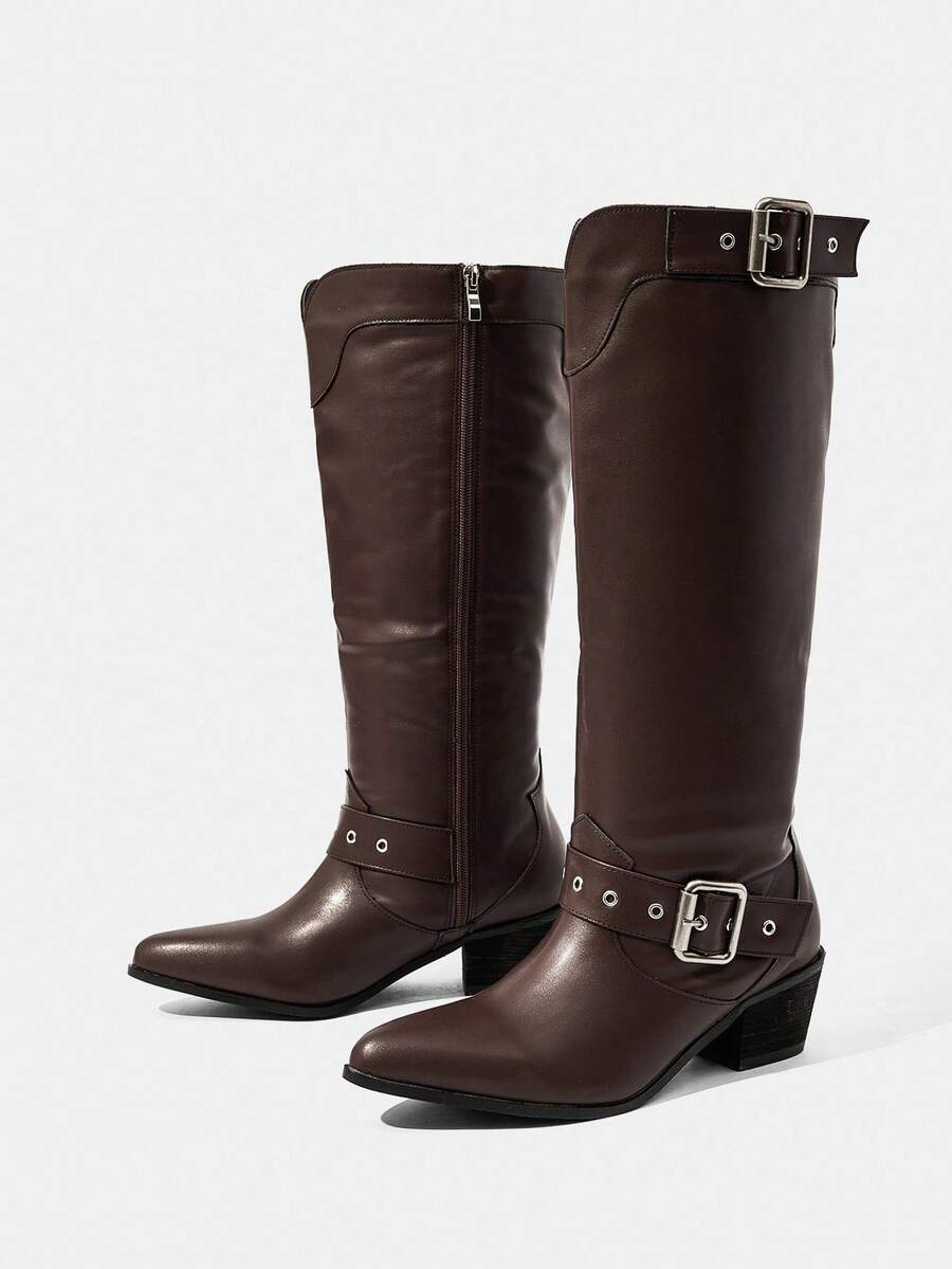 Styleloop Women's Studded, Zipper, Embroidered Decor Chunky Heel Pointed Toe Slip-On Boots, Suitable For Festivals, Outdoor, Ladies Over-The-Knee Boots For Halloween, Christmas, Autumn, Western, Core - Coffee Brown - View 1