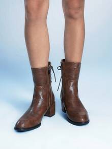 Sugerpunk Brown Vintage Pointed Toe Chunky Heel Lace-Up Side Zipper Mid-Calf Boots - Brown - View 6