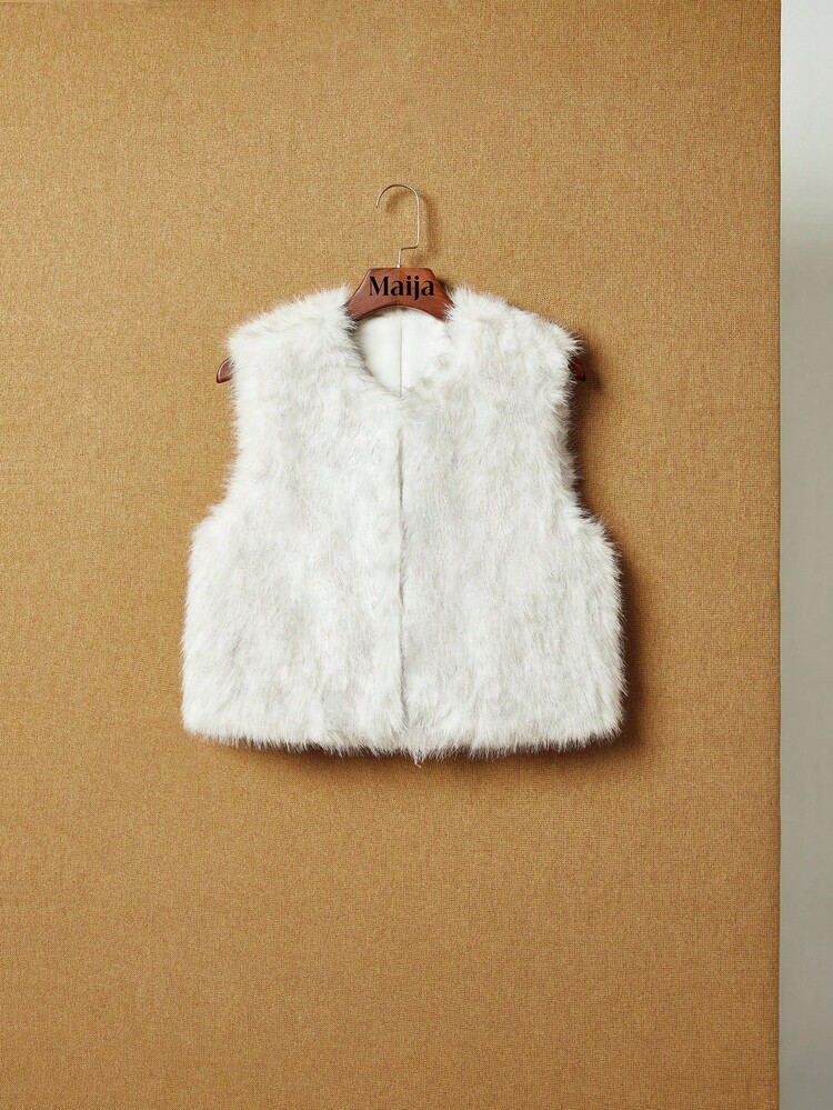 SHEIN Maija 2025 städtisch eleganter, flauschiger, weicher klassischer Kurzmantel für Frauen, geeignet für den Übergang in den Frühherbst, Fellweste, Kunstfellweste, weiße Fellweste, Felloberteil, Crop Fellweste, Crop Felloberteil, einfach und elegant für den Herbst für Frauen, Halloween, elegant, Goth, Old Money Stil, klassischer tragbarer Fellmantel, Business Lässig für Frauen, Neujahr