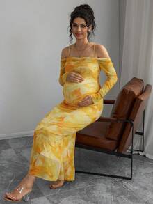 Momance Adjustable Waist Off-Shoulder Long Sleeve Tie-Dye Print Elegant Maternity Dress - Yellow - View 6