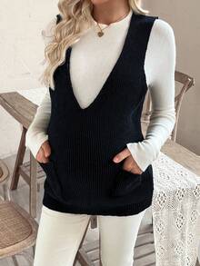 SHEIN Maternity Solid Color Deep V-Neck Dual Pocket Casual Loose Knit Vest, Autumn/Winter - Black - View 2