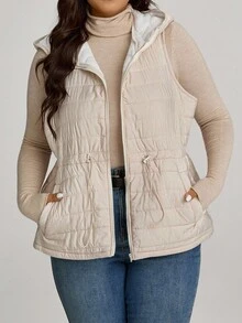 SHEIN LUNE 大码女式抽绳腰带毛绒休闲宽松冬装外套，秋冬季女式冬季外套，时尚女式秋冬乡村风外出上衣 - 杏色 - 查看 3